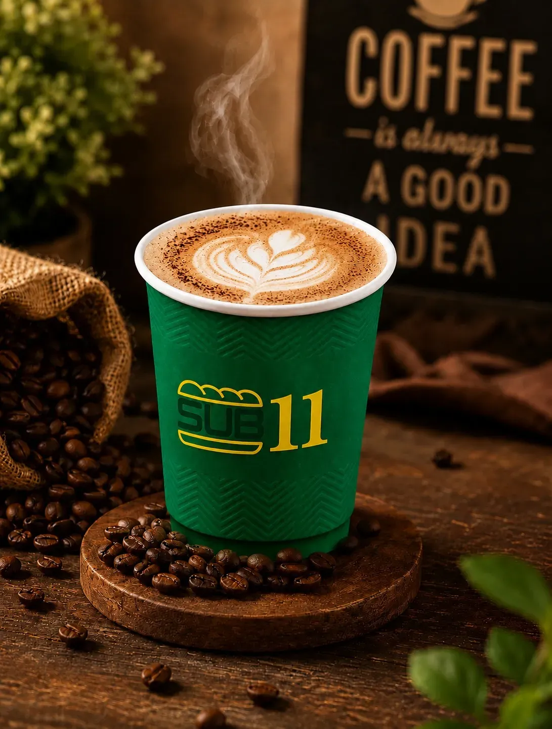 SUB11 cappuccino in a branded cup