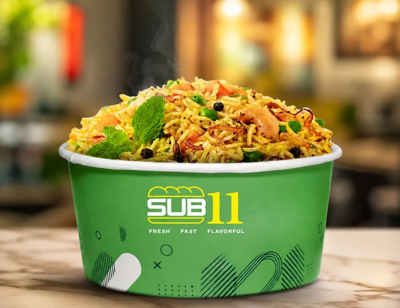 SUB11 rice bowl in a branded cup