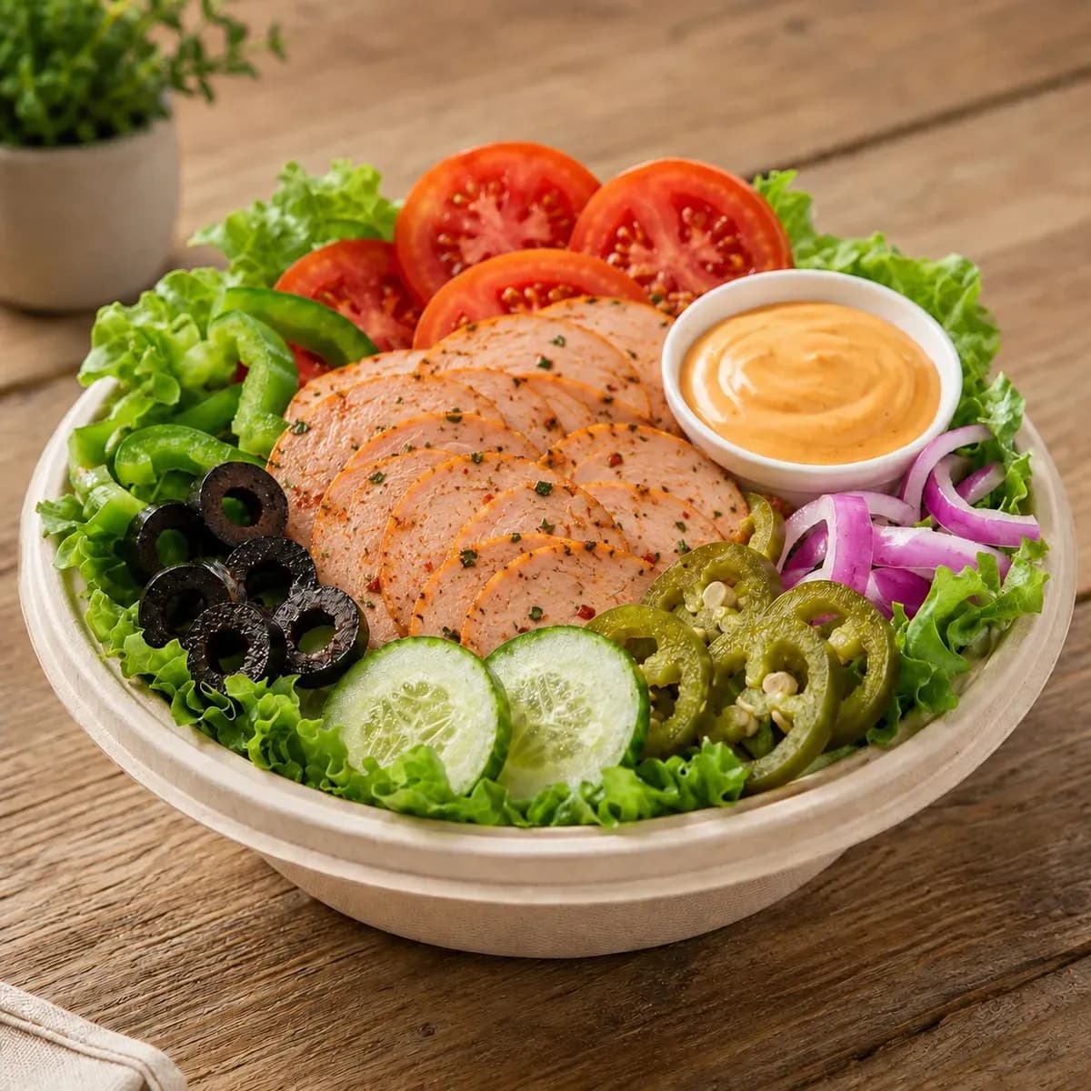 Grilled chicken salad bowl with olives and jalapeños