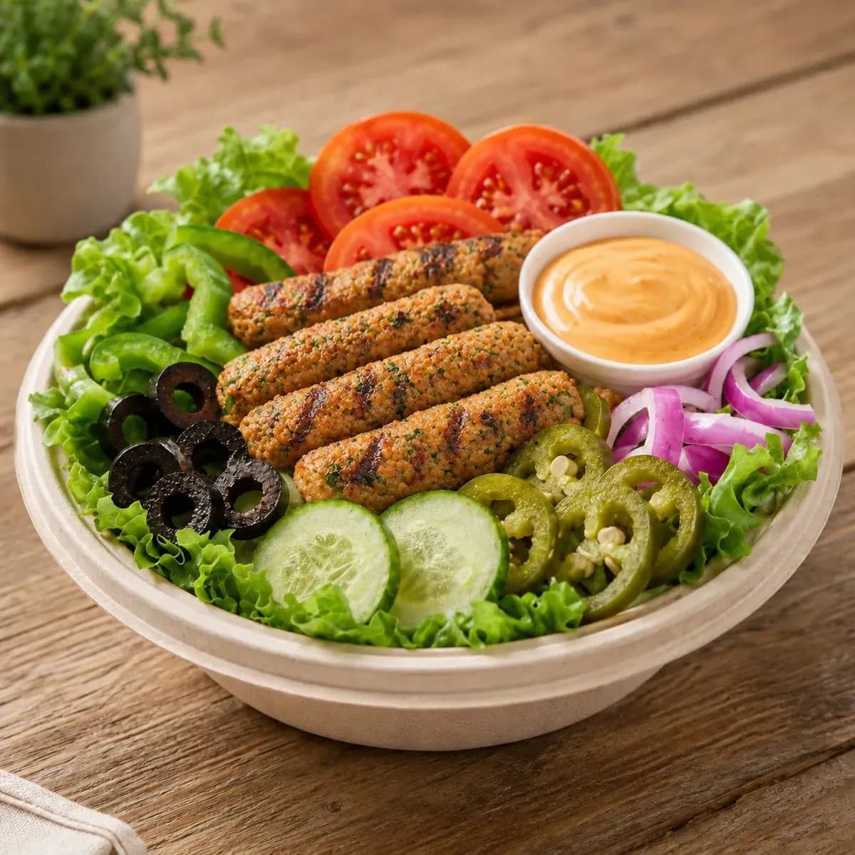 Seekh kebab salad bowl with dip