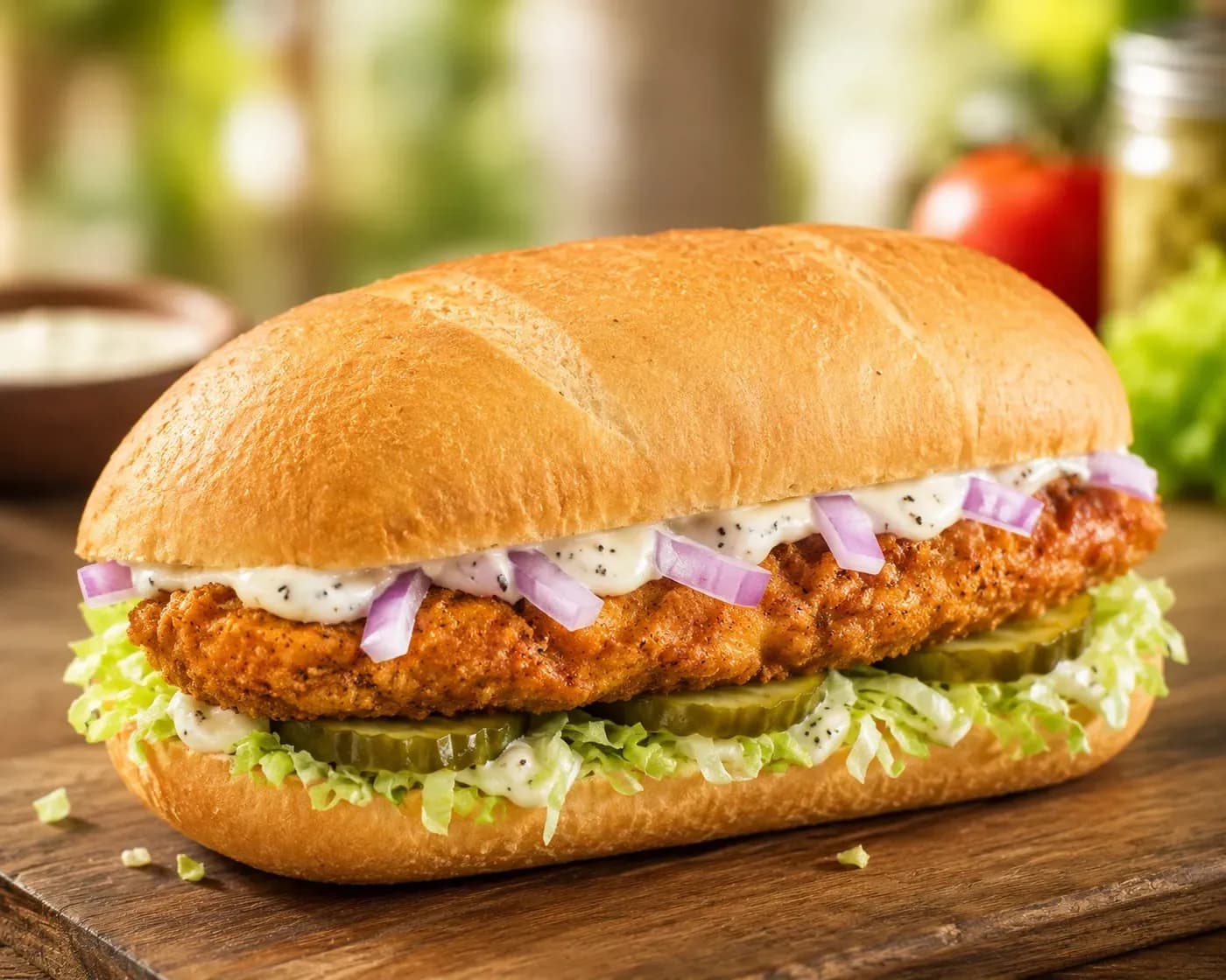 Crispy chicken sub with lettuce and creamy sauce
