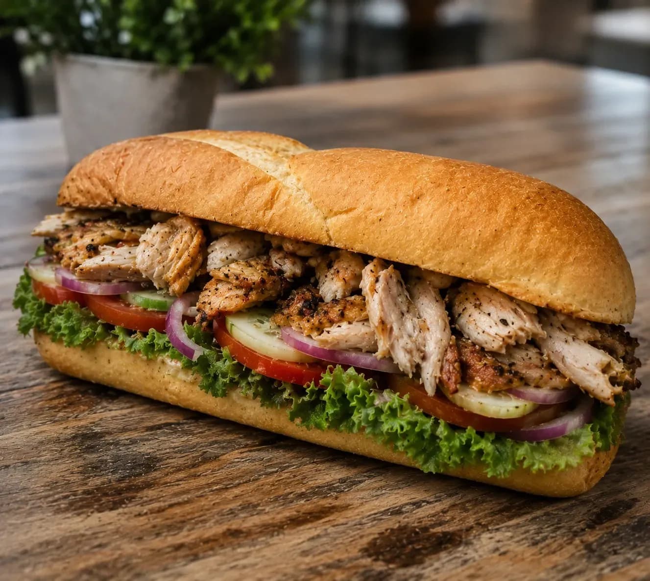 Roast chicken sub on a wooden board