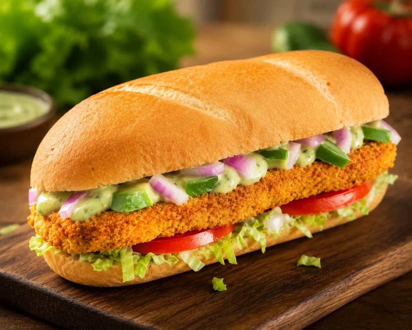 Crispy veg patty sub with fresh veggies
