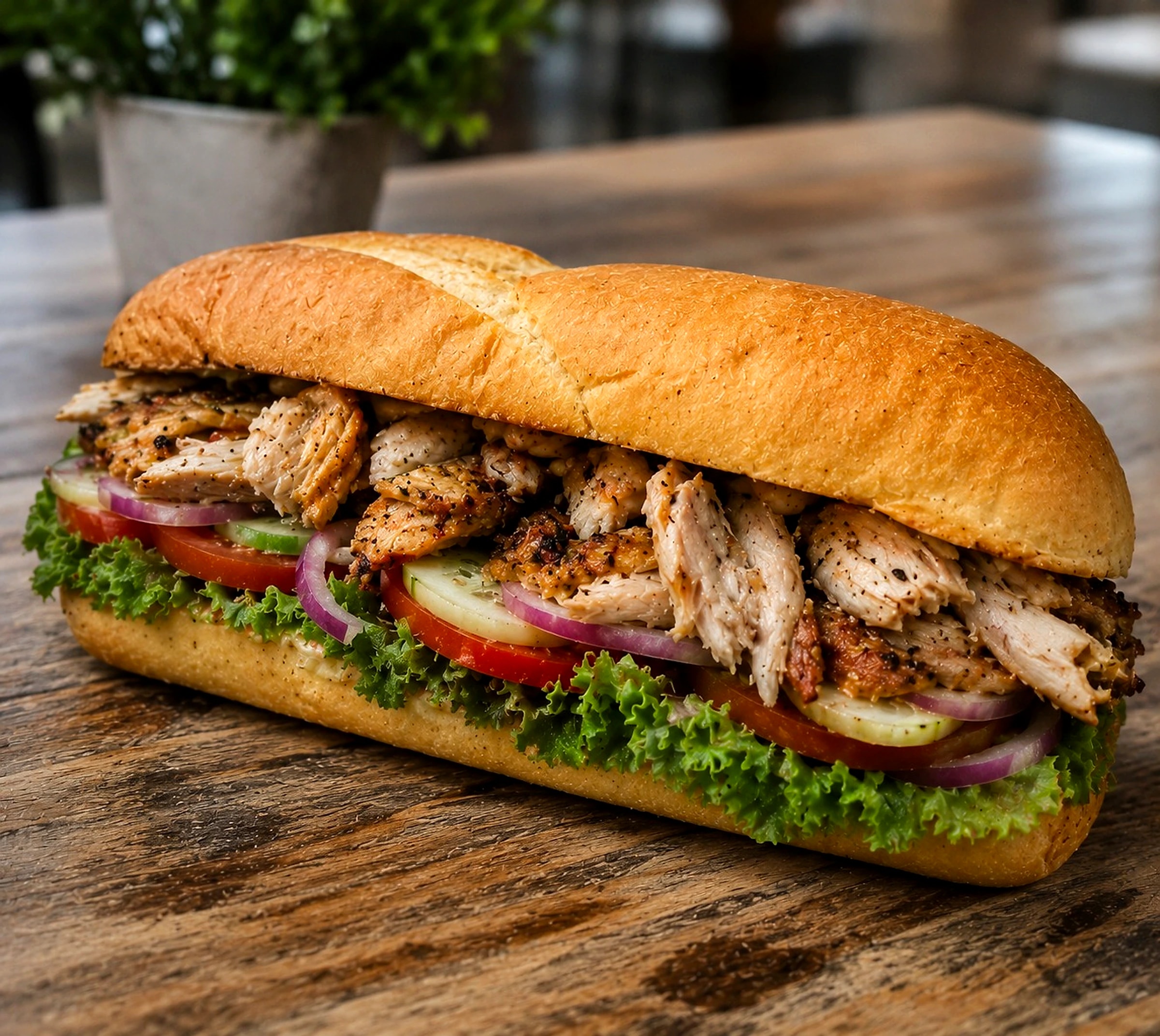 Roast chicken sub loaded with fresh veggies