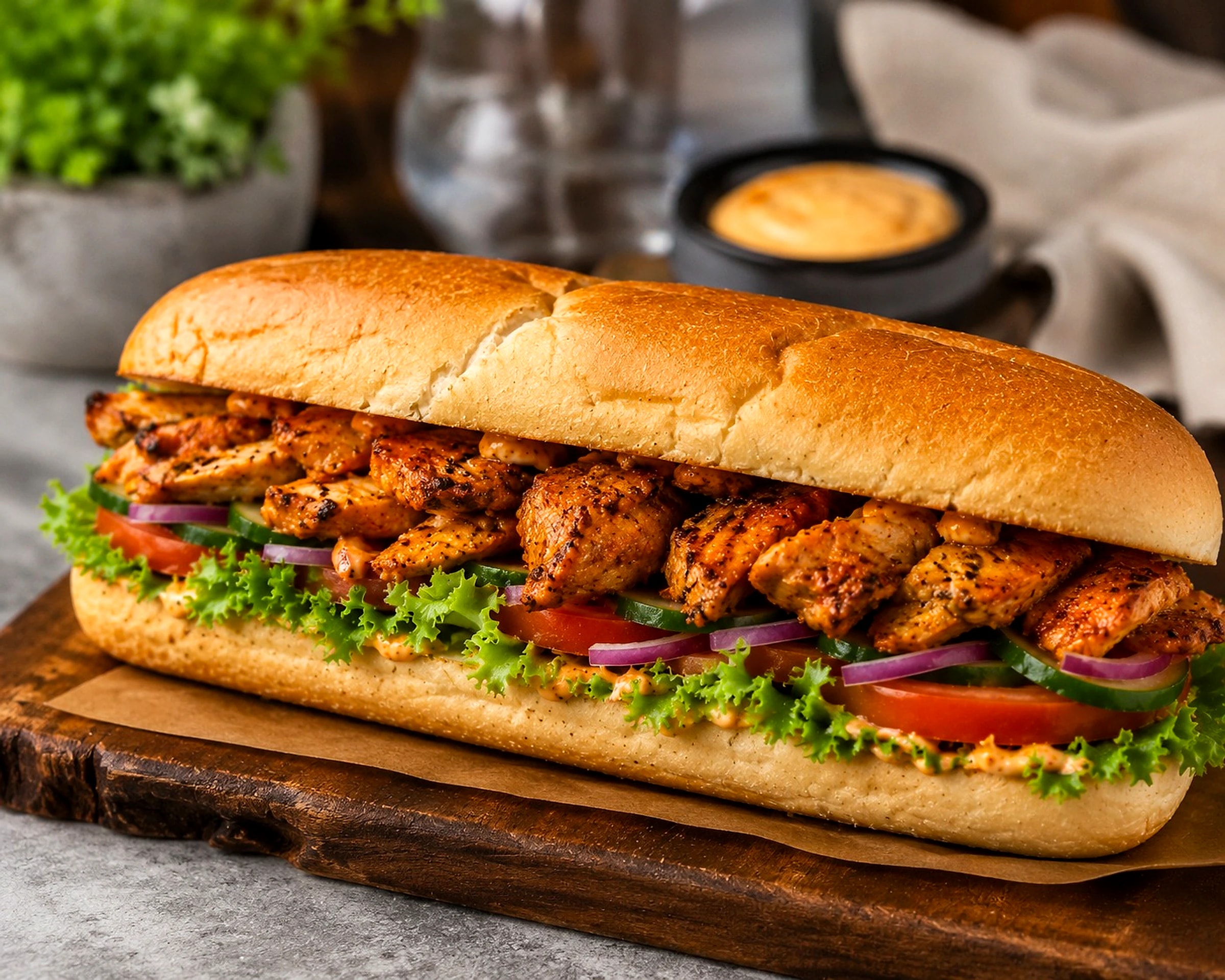 Tandoori chicken sub with fresh veggies