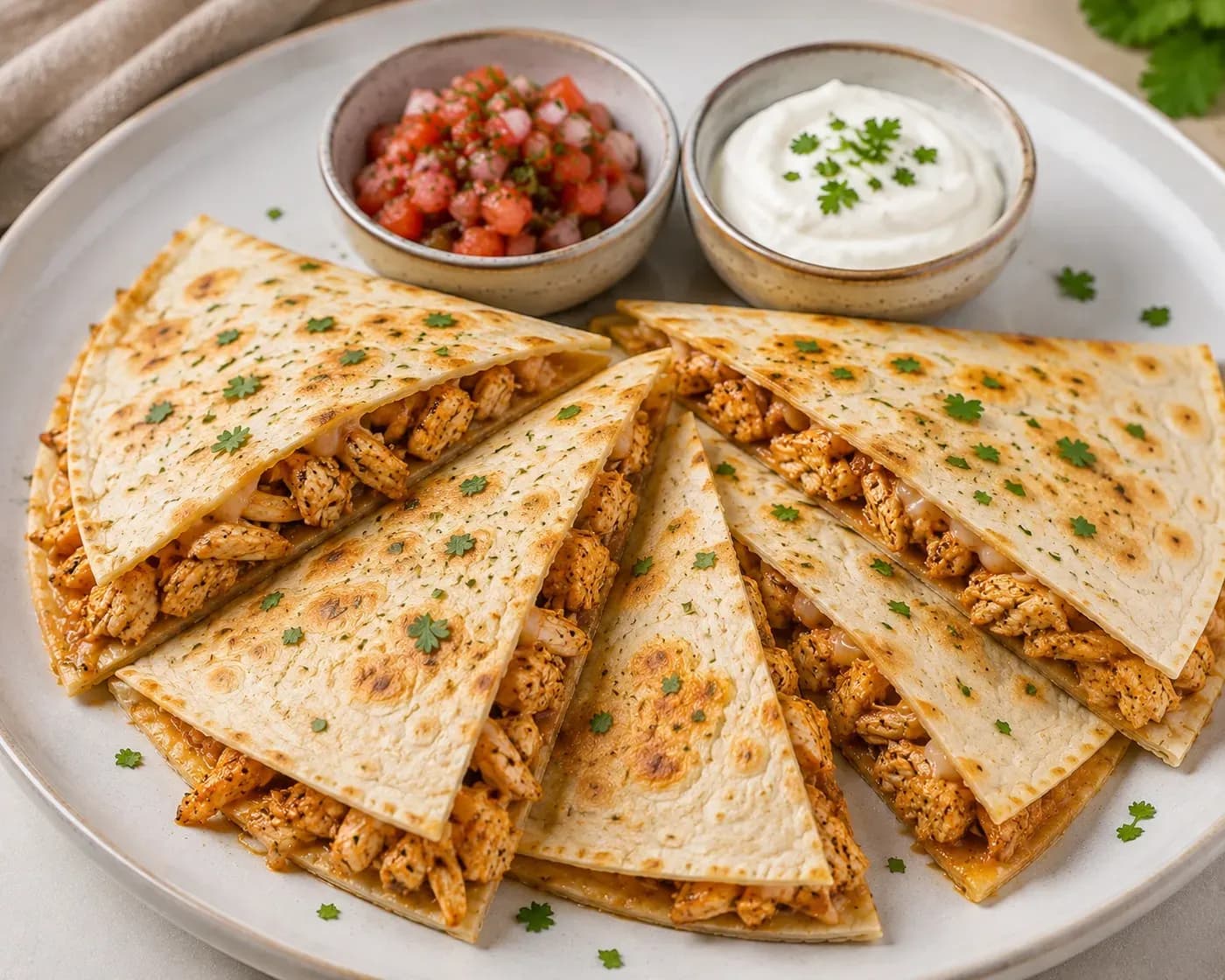 Quesadilla wedges with salsa and sour cream